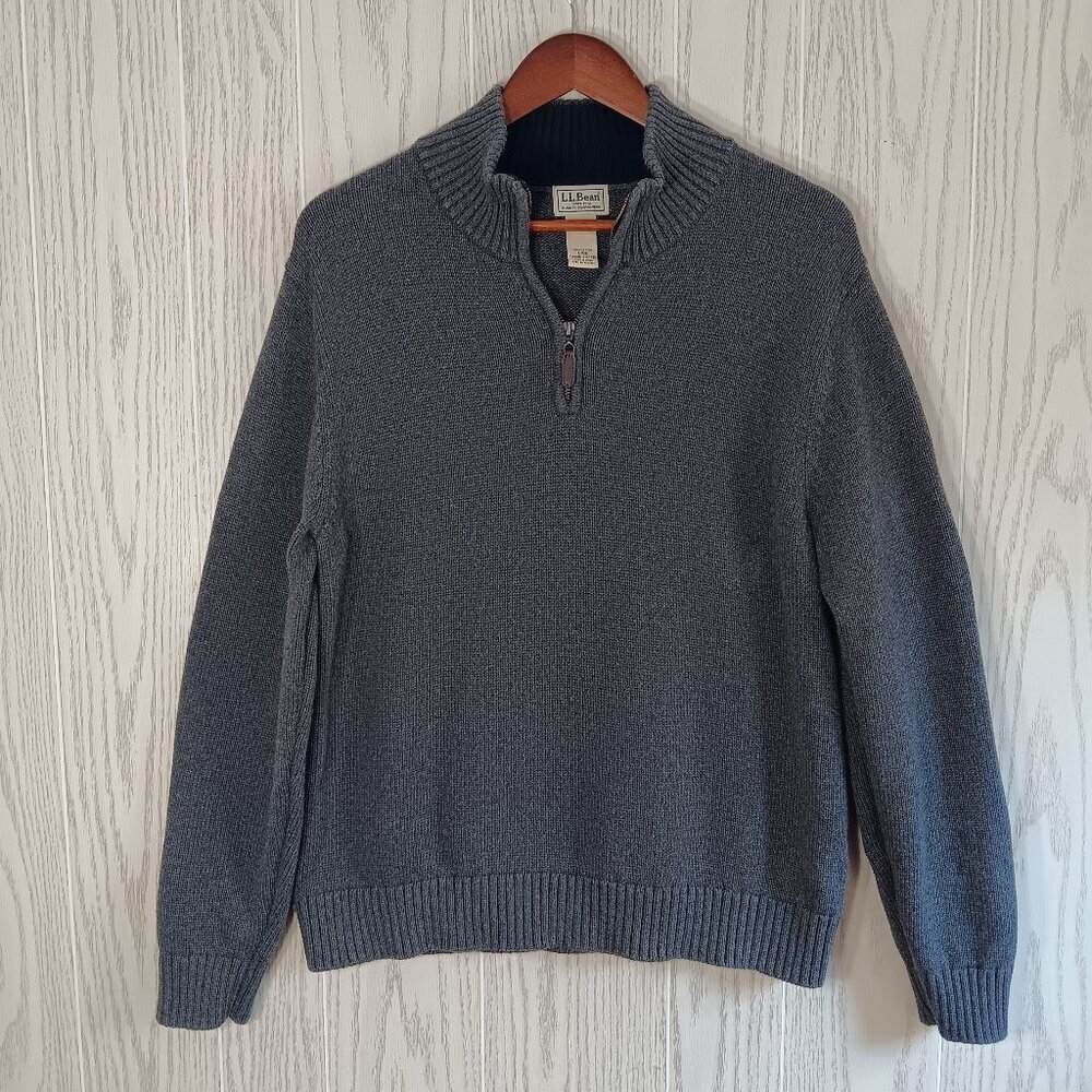 L.L. Bean Men's Sweater Gray 100% Cotton 1/4 Zip Neck Size Large Regular